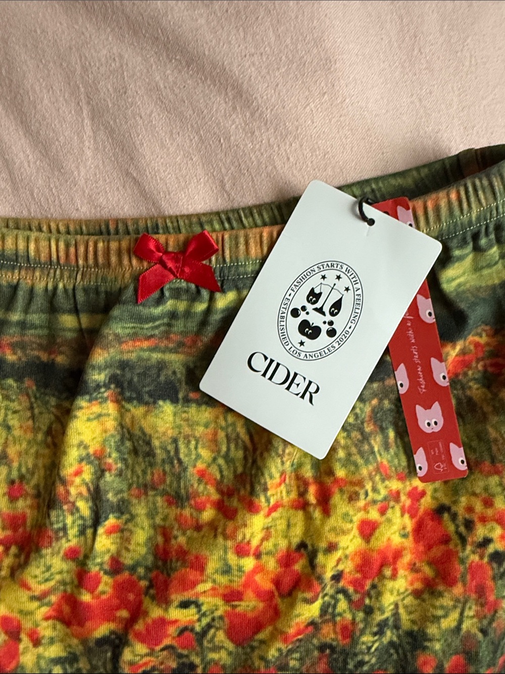 NWT Cider Green and Yellow Poppy Field Skirt with Red Bow Accent - Picture 3 of 4